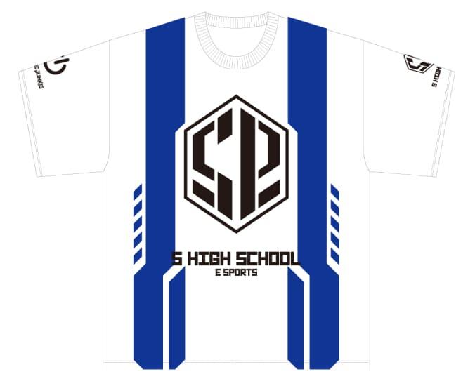白地。2本の青の太い縦線。中央に大きくN高ロゴ。その下にN HIGH SCHOOL E-SPORTS