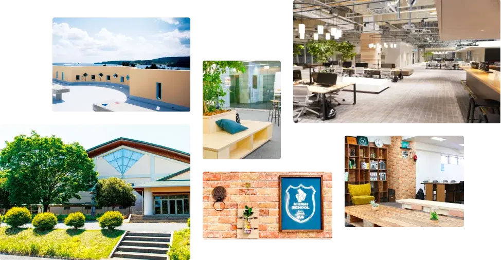 様々なキャンパス内の写真。椅子とテーブルが置いてある部屋。屋上。外観には木が植えられている。室内の溜まり場。壁にはN高のロゴが飾られている。