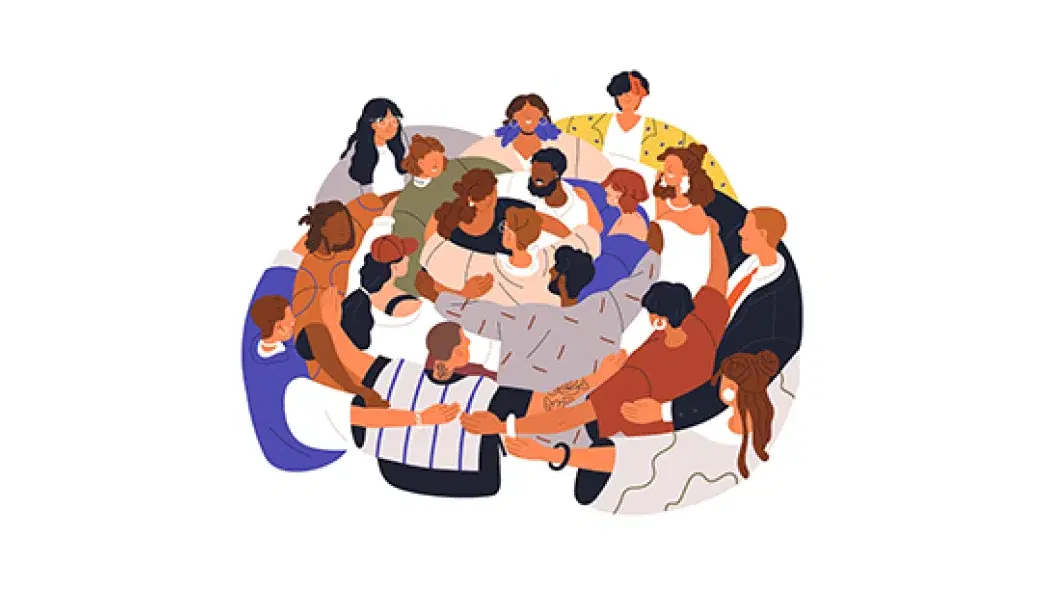 輪になって肩を組む多様な人々を描いたイラスト