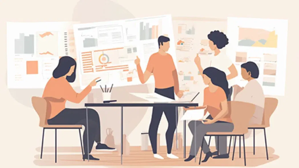 会議室でグラフや資料を使って議論をする人々を描いたイラスト