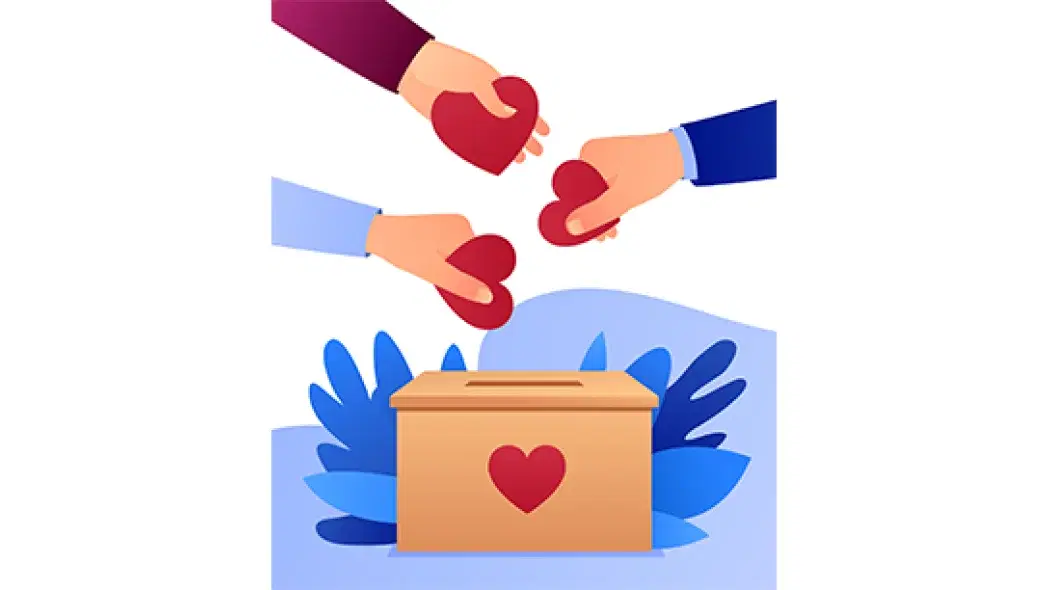 ハート型のオブジェクトを募金箱に入れる手を描いたイラスト