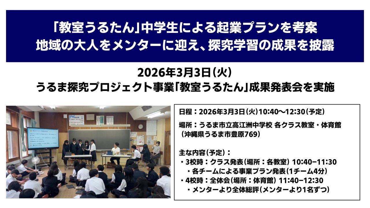 「教室うるたん」中学生による起業プランを考案 地域の大人をメンターに迎え、探究学習の成果を披露